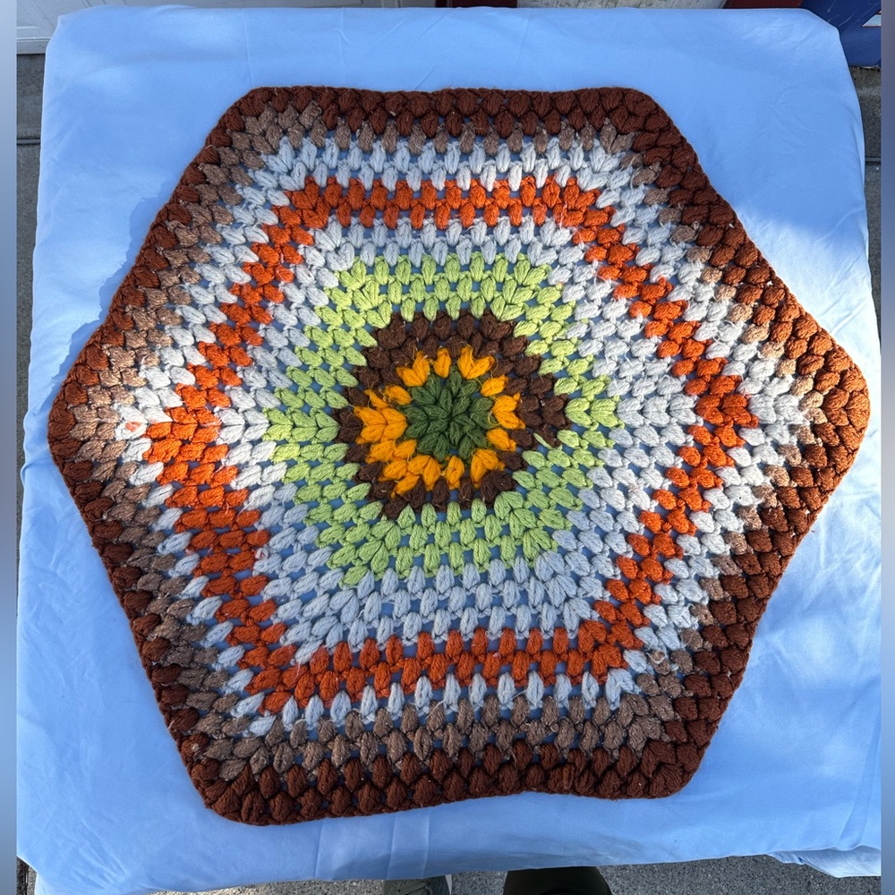 Vintage Handmade Crochet HEXAGON Accent Piece - Groovy Colors!
